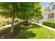 View of manicured community green space featuring trees, sidewalks, landscaped beds, and colorful homes at 2075 Rhettsbury St, Carmel, IN 46032