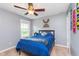 This bedroom features neutral paint, white trim, a ceiling fan and a window at 2436 Gwinnett St, Carmel, IN 46032