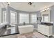 Luxurious bathroom with a soaking tub, gray walls, tile floor, and white vanities with dark countertops at 3398 Nottinghill Blvd, Plainfield, IN 46168