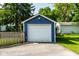 Detached blue garage featuring a white door and surrounded by green grass and trees at 6264 Central Ave, Indianapolis, IN 46220