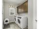 Functional laundry room with modern washer and dryer units, upper cabinets, and natural light at 7648 Killarney Dr, Indianapolis, IN 46217
