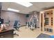 Workout room featuring a desk, exercise equipment, TV and infrared sauna with wood accents at 7978 Park Meadows Dr, Brownsburg, IN 46112