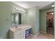 Bathroom featuring green walls, single sink vanity, and large mirror at 8631 Belle Union Pl, Indianapolis, IN 46113