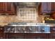 This kitchen includes a stainless steel stove with a hood vent, custom cabinets, and granite countertops at 876 Box Turtle Ct, Columbus, IN 47201