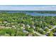 Expansive aerial view showing the home's location in a lush, tree-filled neighborhood with a lake in the distance at 12335 Old Stone Dr, Indianapolis, IN 46236