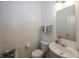 Powder room featuring a white toilet and sink, a mirror, and a towel rack with decorative towels at 15710 Chapel Park E Dr, Noblesville, IN 46060