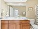 Bathroom vanity featuring a white countertop, a large mirror, and decorative towels and flowers at 16502 Grand Cypress Dr, Noblesville, IN 46060