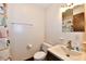 Bathroom with a single sink vanity, an owl-themed shower curtain, and neutral walls at 18906 Crestview Ct, Westfield, IN 46074