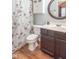 Bathroom featuring a vanity with round mirror and a shower with a curtain at 3898 Chelsea Ter, Greenwood, IN 46143