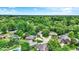 An aerial shot of a suburban neighborhood showcasing homes, lush greenery, and swimming pools under a sunny sky at 50 Charing Cross Rd, Indianapolis, IN 46217