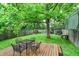 Cozy backyard with wooden deck, metal table and chairs, a nice lawn, and a shed at 514 Dorman St, Indianapolis, IN 46202