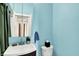 Bright bathroom with blue walls, white vanity, and a view to the outside at 514 Dorman St, Indianapolis, IN 46202
