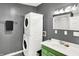 Efficient laundry room features a stackable washer/dryer and a stylish green vanity with modern sink at 514 Dorman St, Indianapolis, IN 46202