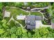 An aerial panorama showcases an estate complete with an in-ground pool, court, and sculpted landscaping at 7070 Dean Rd, Indianapolis, IN 46220
