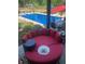 Stylish patio with a comfortable round daybed, red umbrella, and a view of the pool, perfect for relaxation and summer days at 7070 Dean Rd, Indianapolis, IN 46220