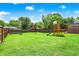 Large, fenced backyard with a playground, gardens and mature trees providing privacy and space for outdoor activities at 7437 Lorene Ct, Indianapolis, IN 46237