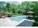 This backyard features an in-ground pool, lush landscaping, and poolside lounge area with dining and relaxing spaces at 9154 Sargent Manor Ct, Indianapolis, IN 46256
