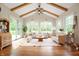 Bright and airy living room with vaulted ceilings, exposed beams, and large windows overlooking the backyard at 10505 Golden Bear Way, Noblesville, IN 46060