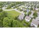 Aerial view of a suburban neighborhood with tree-lined streets, green lawns, and a mix of home styles at 13817 Black Canyon Ct, Fishers, IN 46038