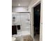 Contemporary bathroom featuring a walk-in shower with glass doors and built-in shelving at 200 Mission Terrace Dr, Whiteland, IN 46184