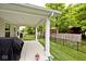Outdoor covered patio with a view of the fenced backyard and lush trees at 200 Mission Terrace Dr, Whiteland, IN 46184