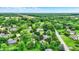 Aerial view showcases a lovely neighborhood with lush trees surrounding well-maintained homes and a blue pool at 201 Angela Ct, Noblesville, IN 46062