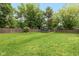 Large backyard featuring a lush green lawn, mature trees, a trampoline, and a wooden fence at 713 Colonial Way, Greenwood, IN 46142
