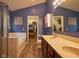 Bathroom with walk in closets, double sinks, shower, bathtub and blue walls and wooden floors at 9705 Valley Springs Blvd, Fishers, IN 46037