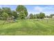 Open backyard with green grass, mature trees, play set, and a black chain link fence at 11072 Lake Run Dr, Fishers, IN 46038