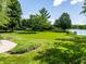 Expansive green backyard with trees and a tranquil lake, perfect for outdoor enjoyment and relaxation at 13069 Abraham Run, Carmel, IN 46033