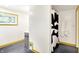 Bathroom with sleek modern vanity, unique black and white shower curtain, and bright lighting at 1725 W 53Rd St, Indianapolis, IN 46228