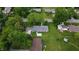 A high-angle aerial view shows a well-maintained yard and a detached shed in a tree-filled neighborhood at 3457 W 58Th St, Indianapolis, IN 46228