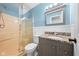 Renovated bathroom features granite-topped vanity, walk-in shower with glass door and modern fixtures at 5160 N High School Rd, Indianapolis, IN 46254