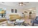 Open concept living room with a modern ceiling fan and view of dining area and kitchen at 6711 Bridgefield Way, Indianapolis, IN 46254