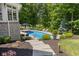 Backyard pool and patio area with lush greenery at 7016 Royal Oakland Way, Indianapolis, IN 46236