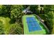 Birds eye view of tennis court, manicured lawn, and backyard pool at 7016 Royal Oakland Way, Indianapolis, IN 46236