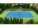 Aerial view of a meticulously maintained tennis court surrounded by lush greenery at 7016 Royal Oakland Way, Indianapolis, IN 46236