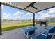 Backyard patio with a fire pit, outdoor seating, and scenic views of a pond and neighborhood at 9917 Gallop Ln, Fishers, IN 46040