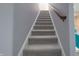 Carpeted staircase with wooden handrail leading to upper or lower level at 11911 W Grandview Dr, Columbus, IN 47201