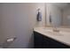 Bathroom featuring a single sink vanity, mirror, towel rack, and yellow flower in a vase at 12677 Honors Dr, Carmel, IN 46033
