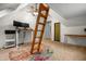 Bright attic room with ladder, dual monitors, a ceiling fan, and a colorful round rug at 4013 Hillendale Dr, Greenwood, IN 46142