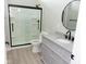 Bathroom features a gray vanity and a black framed shower at 4625 W Naomi St, Indianapolis, IN 46241