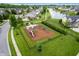 Aerial view of a playground in a community with a lake, and surrounded by homes and green spaces at 5576 W Glenview Dr, McCordsville, IN 46055