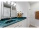 Bathroom with unique turquoise sink and vanity at 6263 Behner Way, Indianapolis, IN 46250