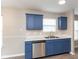 Bright kitchen featuring stainless steel dishwasher, modern gray flooring, and stylish blue cabinetry at 671 Greenway St, Greenwood, IN 46143