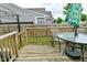 Wooden deck features a table with umbrella and chairs for outdoor enjoyment in a fenced backyard at 7515 Brattle Dr, Indianapolis, IN 46113