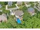 Aerial view of the pool and patio with lounge area, landscaping, and surrounding trees at 790 Foxboro Dr, Avon, IN 46123