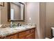 Bathroom with granite countertops, dark wood cabinets, and decorative mirror at 11227 Woods Bay Ln, Indianapolis, IN 46236