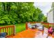 A spacious deck offers ample outdoor seating with a beautiful view of the lush, green backyard at 11919 Gatwick View Dr, Fishers, IN 46037