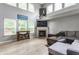 Bright living room featuring a cozy fireplace, wooden floors, and large windows for ample natural light at 11919 Gatwick View Dr, Fishers, IN 46037
